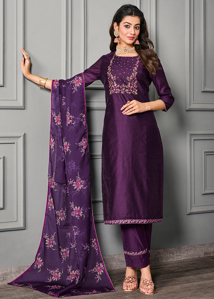 3 Pc Purple Readymade Cotton Suit Set