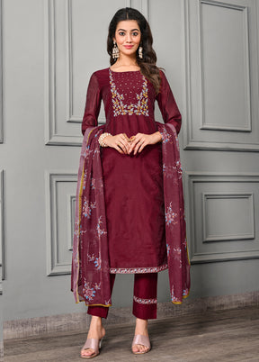 3 Pc Maroon Readymade Cotton Suit Set