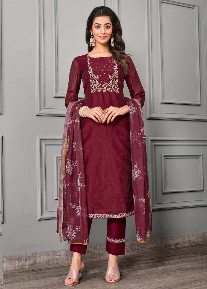 3 Pc Maroon Readymade Cotton Suit Set