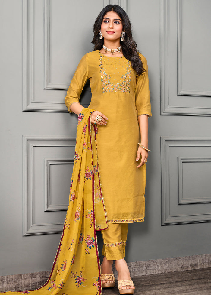 3 Pc Yellow Readymade Cotton Suit Set