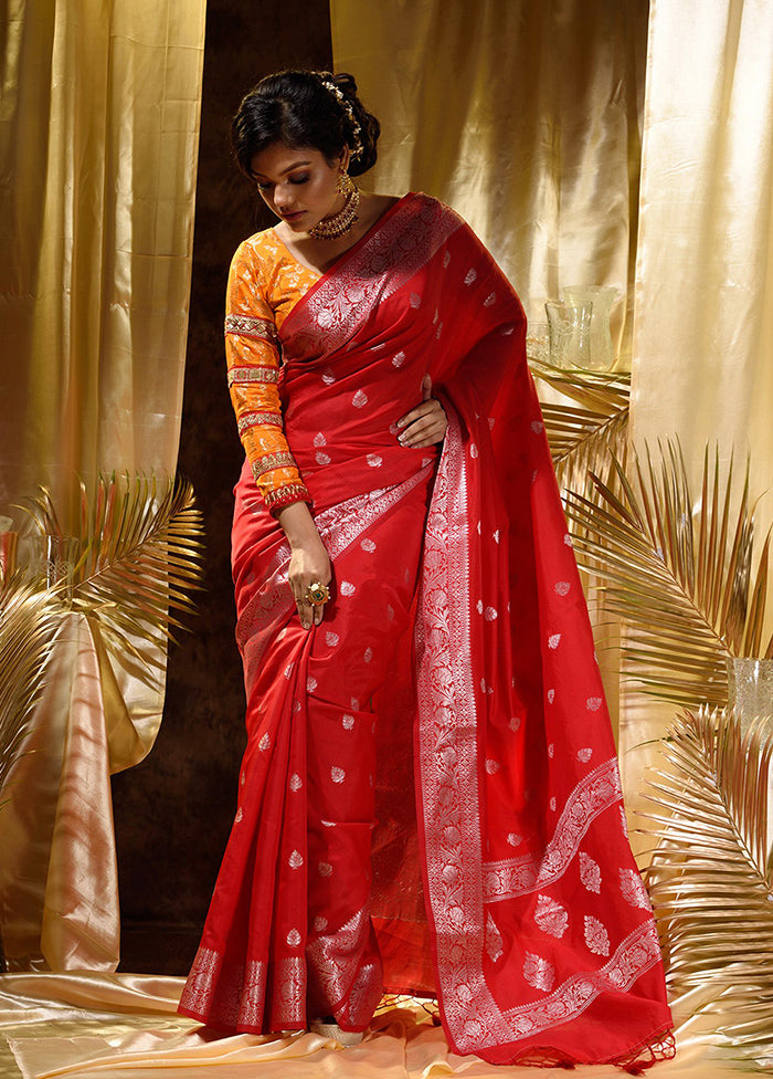 Red Spun Silk Saree With Blouse Piece