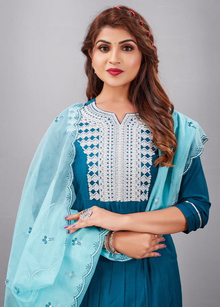 3 Pc Blue Readymade Silk Suit Set