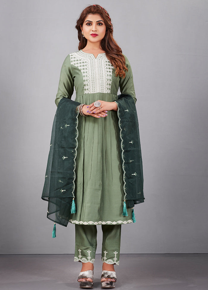 3 Pc Light Green Readymade Silk Suit Set