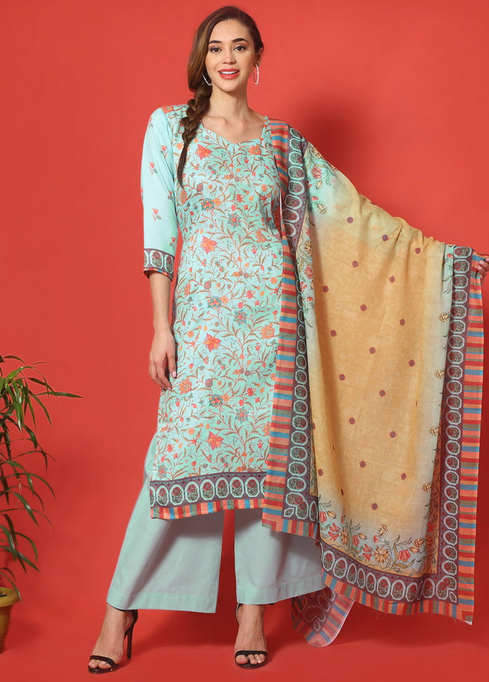 3 Pc Turquoise Cotton Floral Print Unstitched Salwar Suit