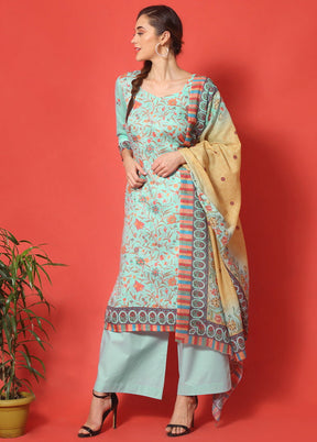 3 Pc Turquoise Cotton Floral Print Unstitched Salwar Suit