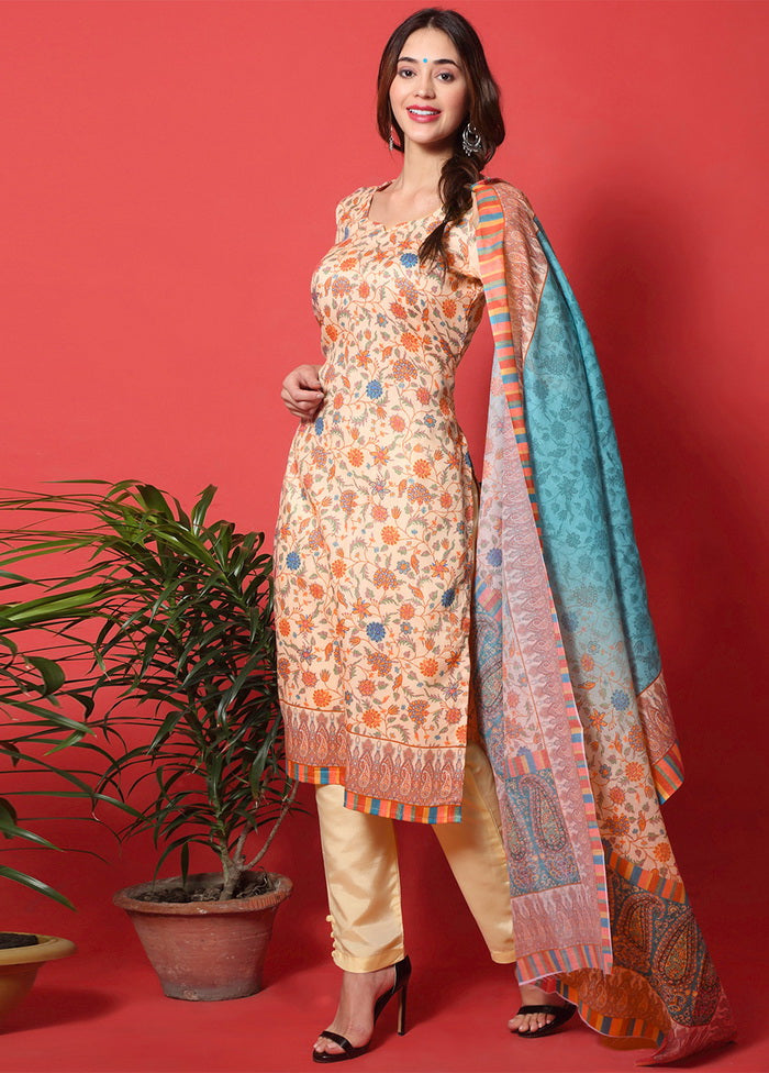 3 Pc Peach Cotton Floral Print Unstitched Salwar Suit