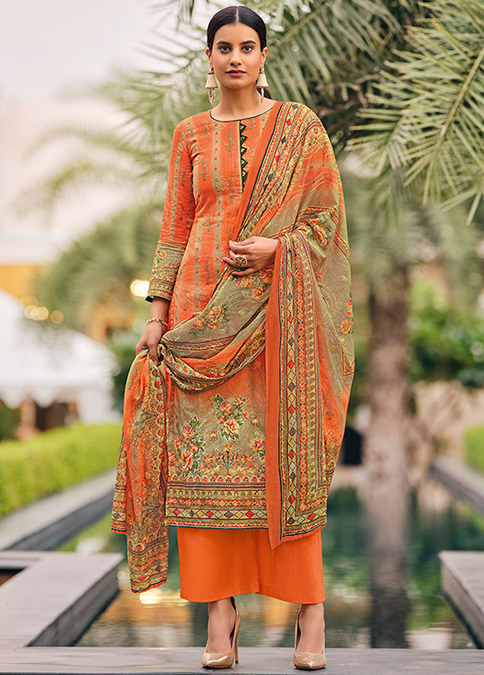 3 Pc Orange Unstitched Pure Cotton Suit Set