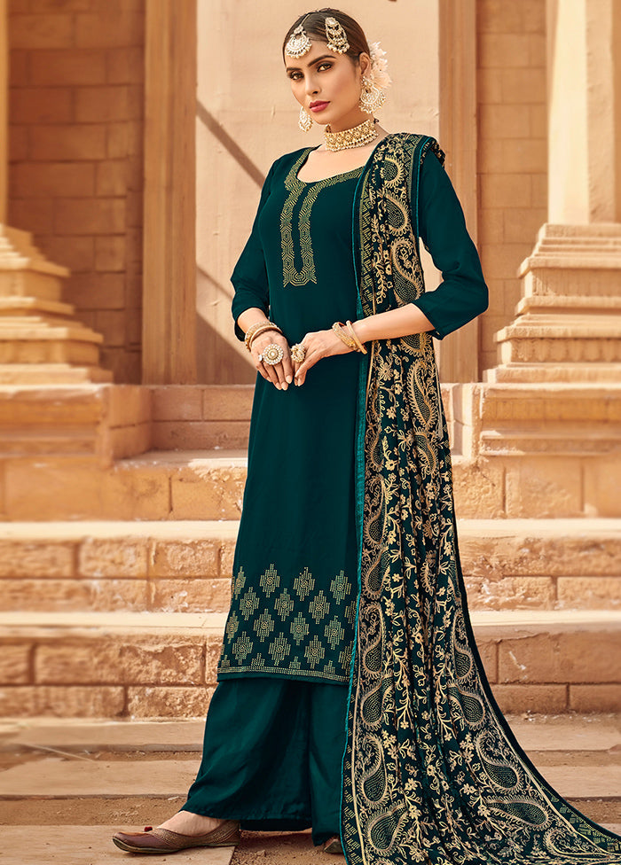 3 Pc Teal Unstitched Georgette Suit Set