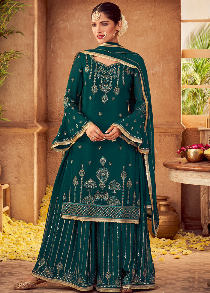 3 Pc Green Unstitched Chinon Chiffon Silk Suit Set VDSL220224 - Indian Silk House Agencies