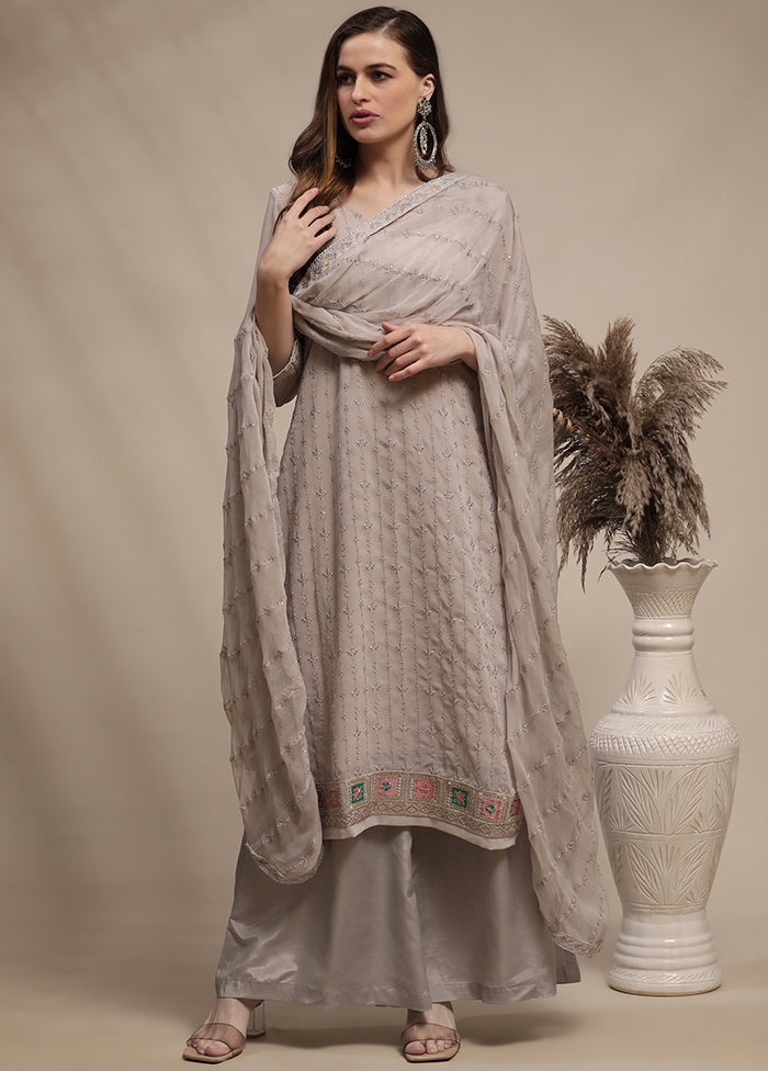 3 Pc Grey Unstitched Georgette Thread Work Suit Set