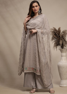 3 Pc Grey Unstitched Georgette Thread Work Suit Set