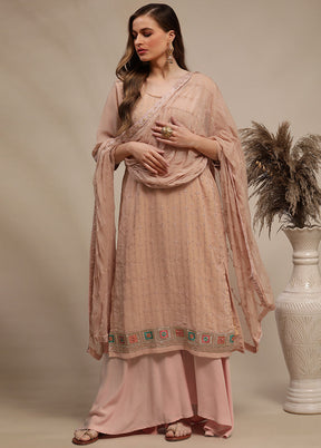 3 Pc Peach Unstitched Georgette Thread Work Suit Set