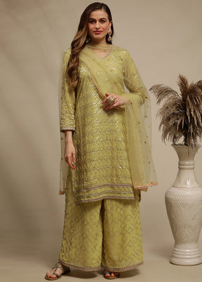 3 Pc Green Unstitched Georgette Thread Work Suit Set