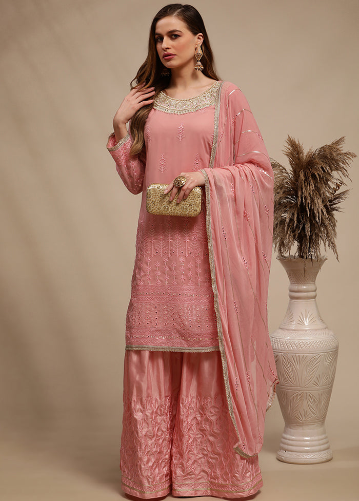 3 Pc Pink Unstitched Georgette Sequin Work Suit Set