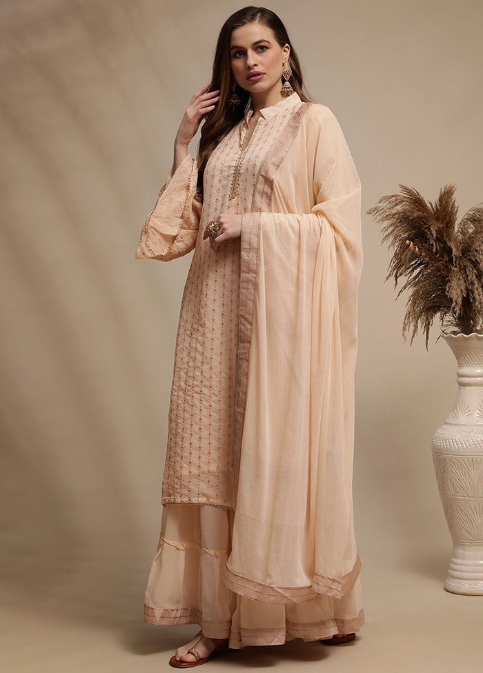 3 Pc Peach Unstitched Georgette Sequin Work Suit Set