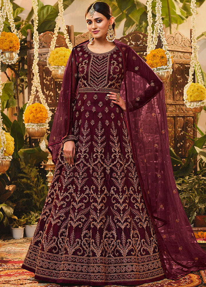 3 Pc Semistitched Wine Suit Set With Dupatta