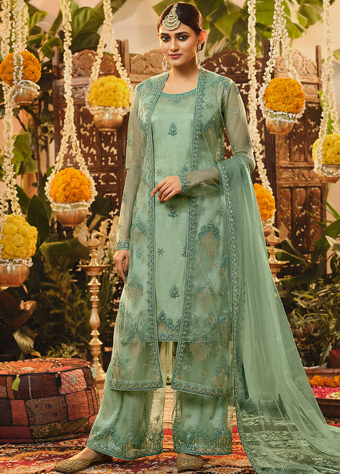 3 Pc Semistitched Green Suit Set With Dupatta