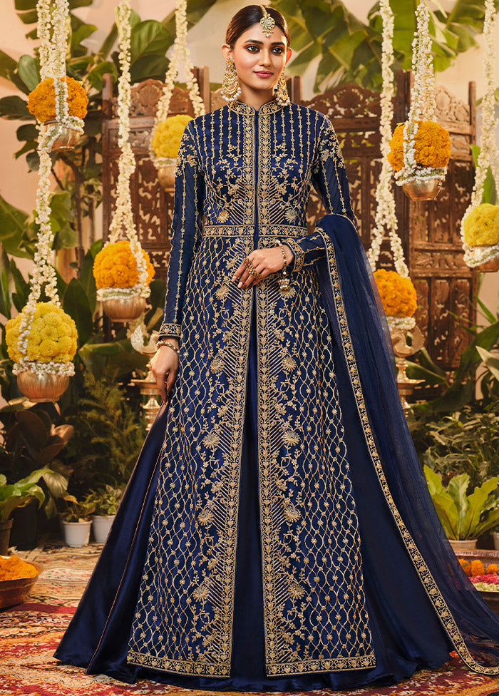 3 Pc Semistitched Navy Blue Suit Set With Dupatta