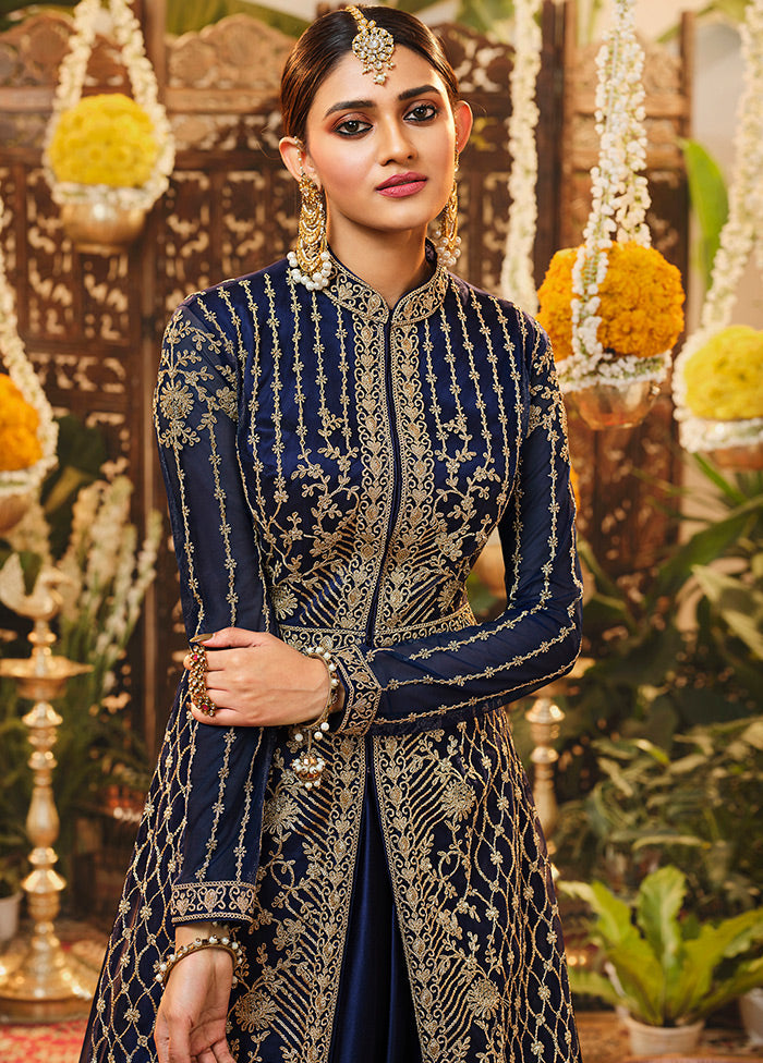 3 Pc Semistitched Navy Blue Suit Set With Dupatta