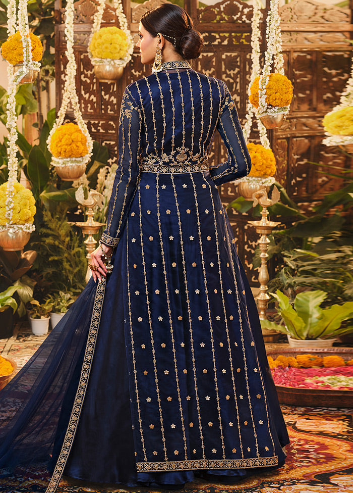 3 Pc Semistitched Navy Blue Suit Set With Dupatta