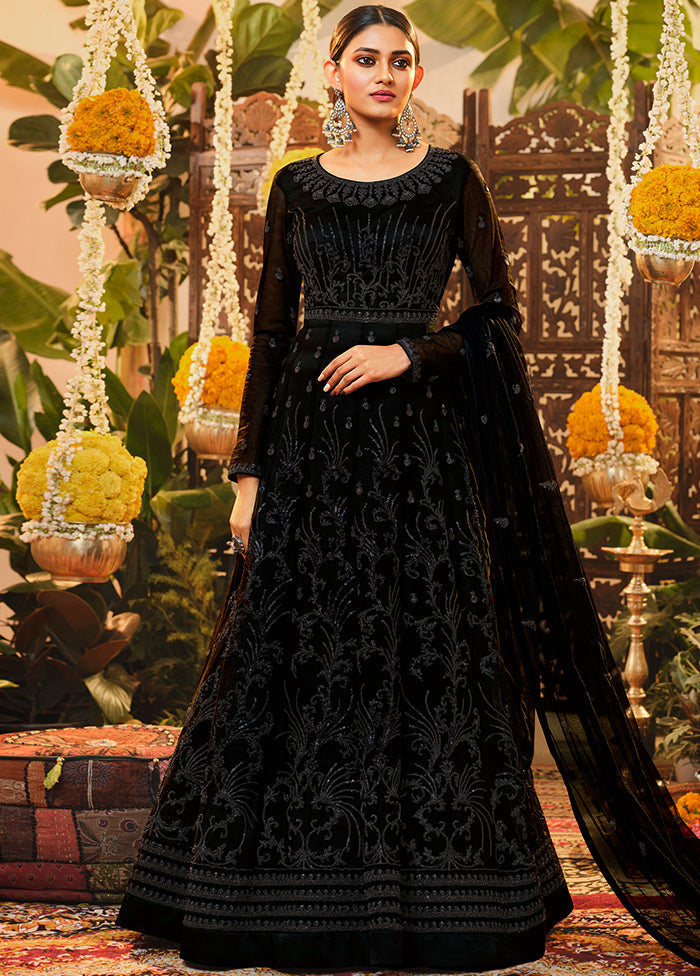 3 Pc Semistitched Black Suit Set With Dupatta