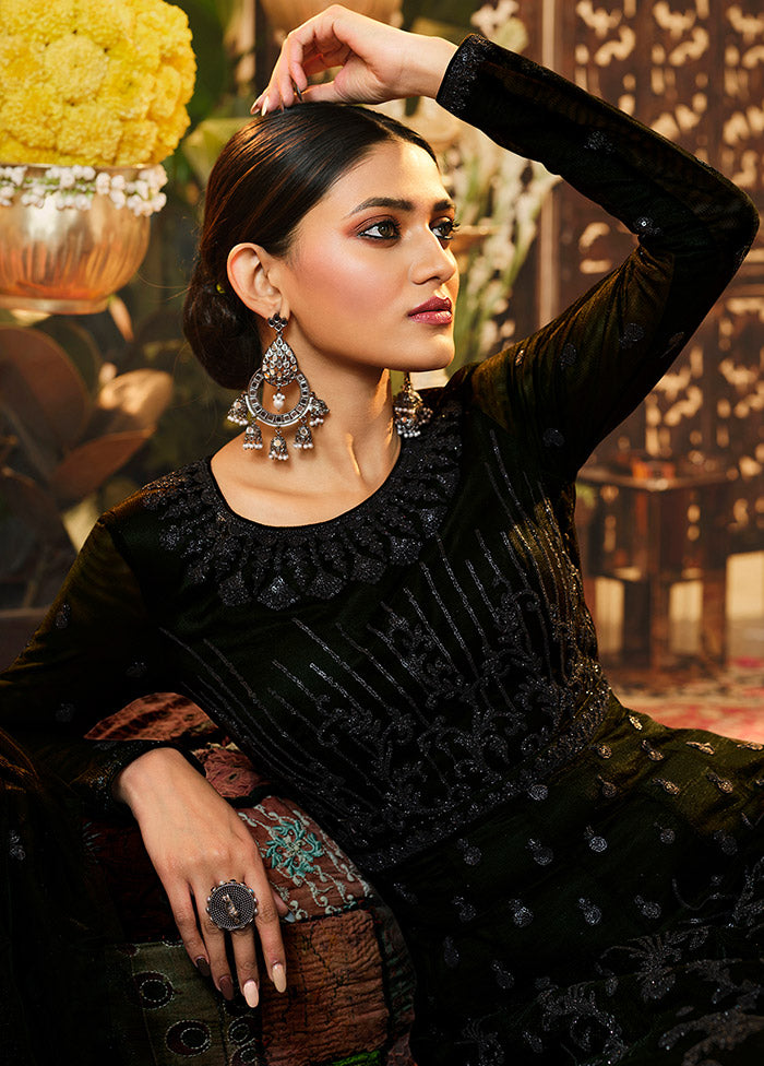 3 Pc Semistitched Black Suit Set With Dupatta