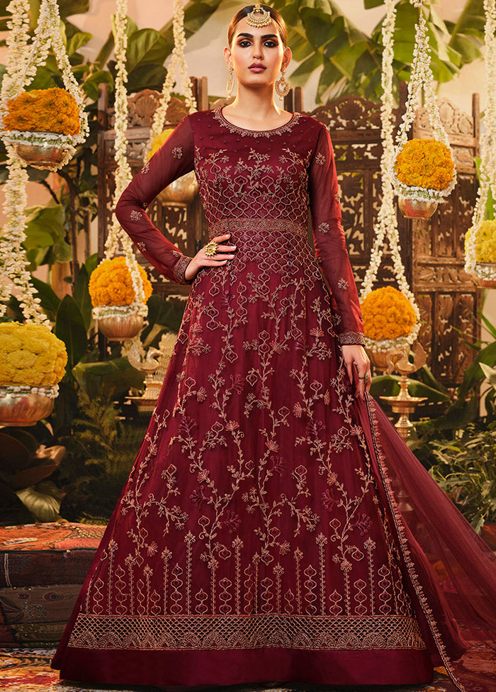 3 Pc Semistitched Maroon Suit Set With Dupatta