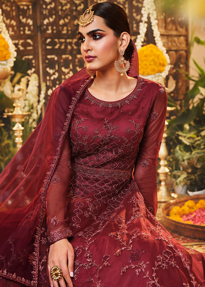 3 Pc Semistitched Maroon Suit Set With Dupatta