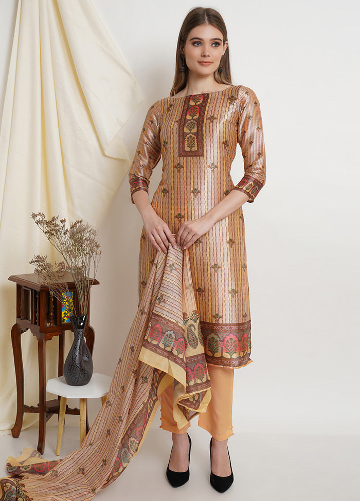 3 Pc Beige Floral Unstitched Salwar Suit Set