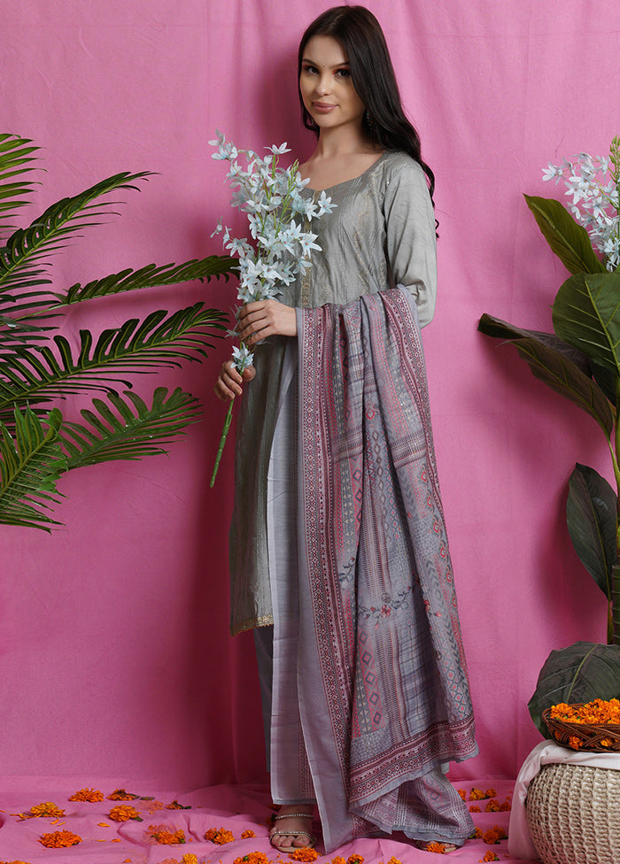 3 Pc Unstiched Grey Salwar Suit Set With Dupatta