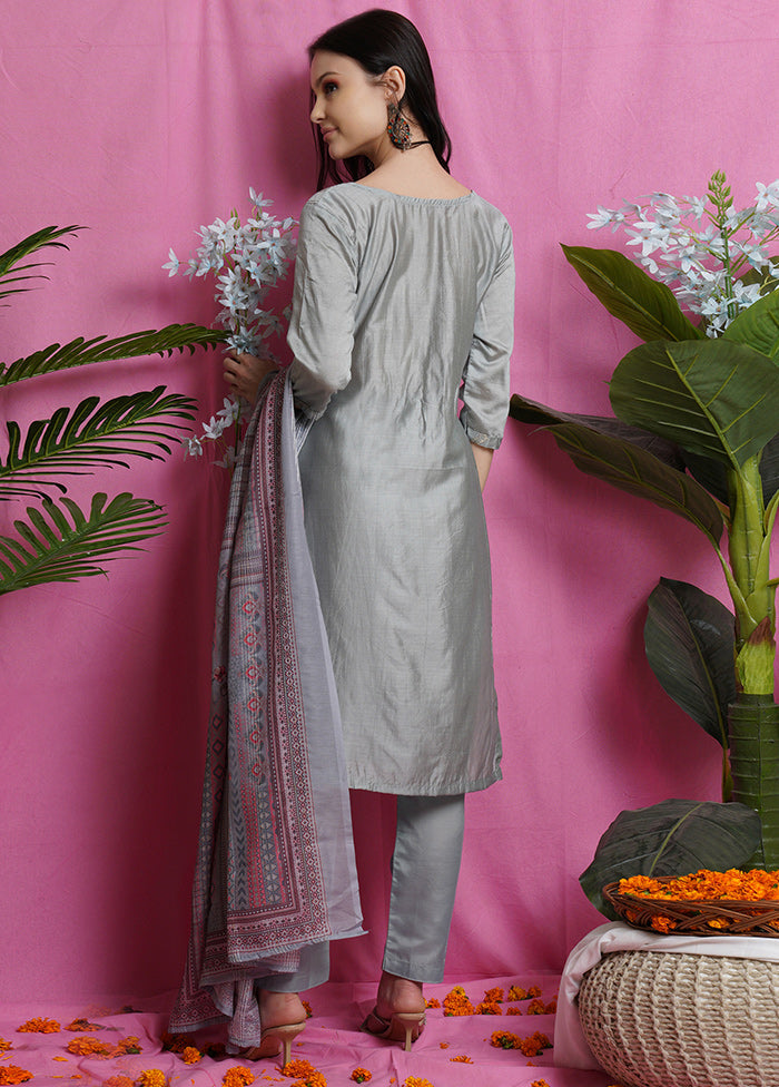 3 Pc Unstiched Grey Salwar Suit Set With Dupatta