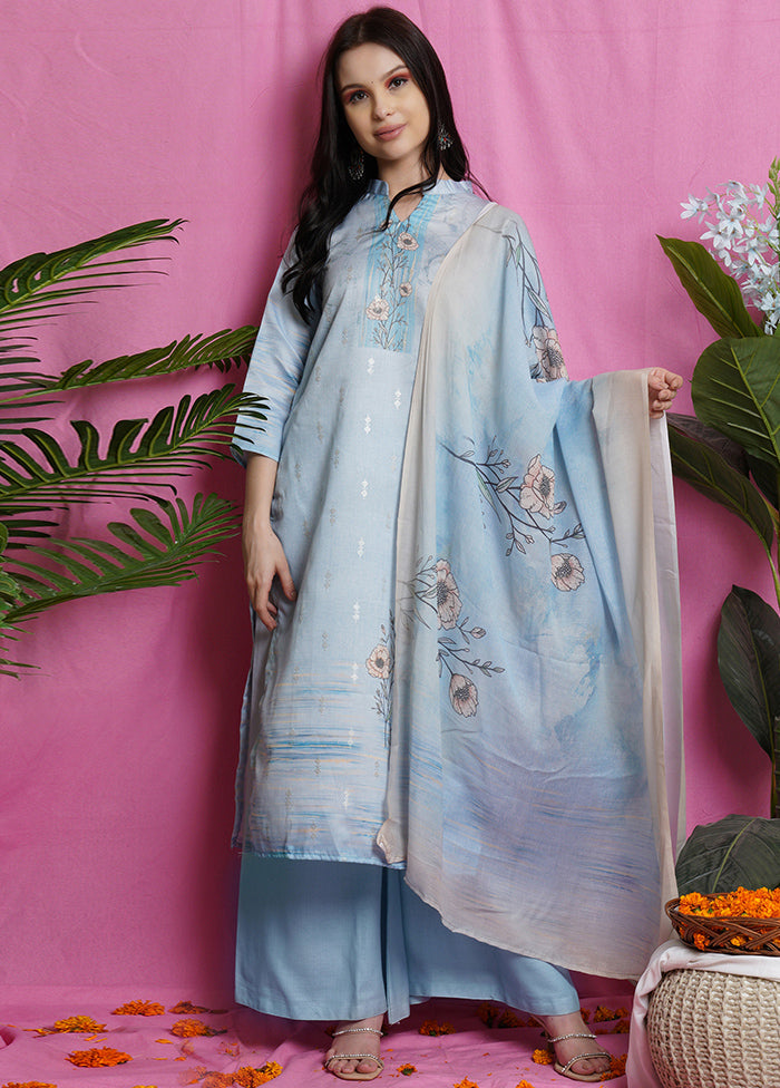 3 Pc Unstiched Sky Blue Salwar Suit Set With Dupatta