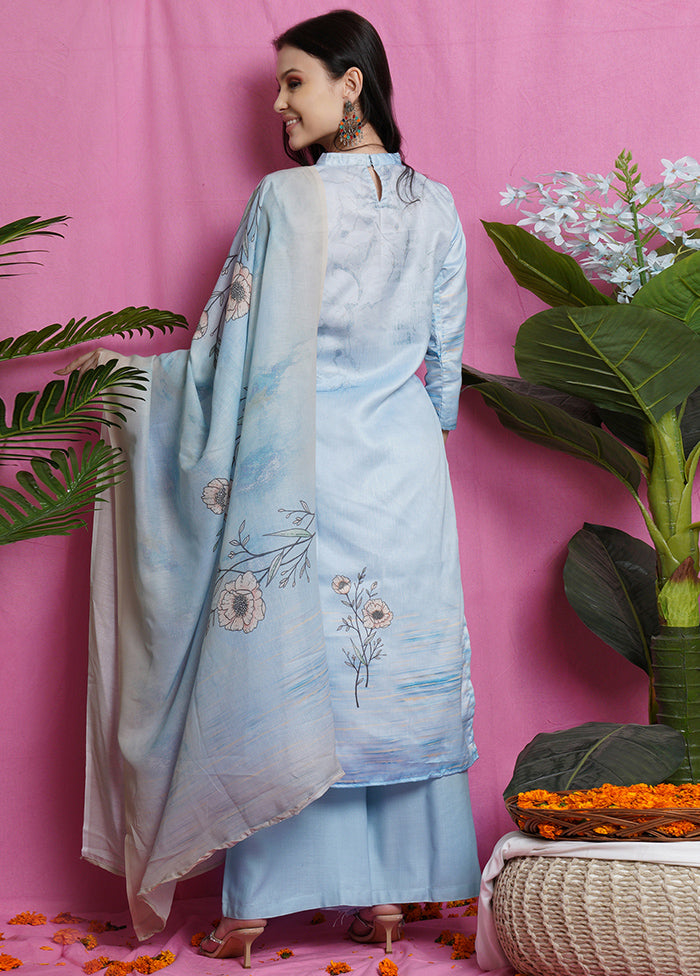 3 Pc Unstiched Sky Blue Salwar Suit Set With Dupatta