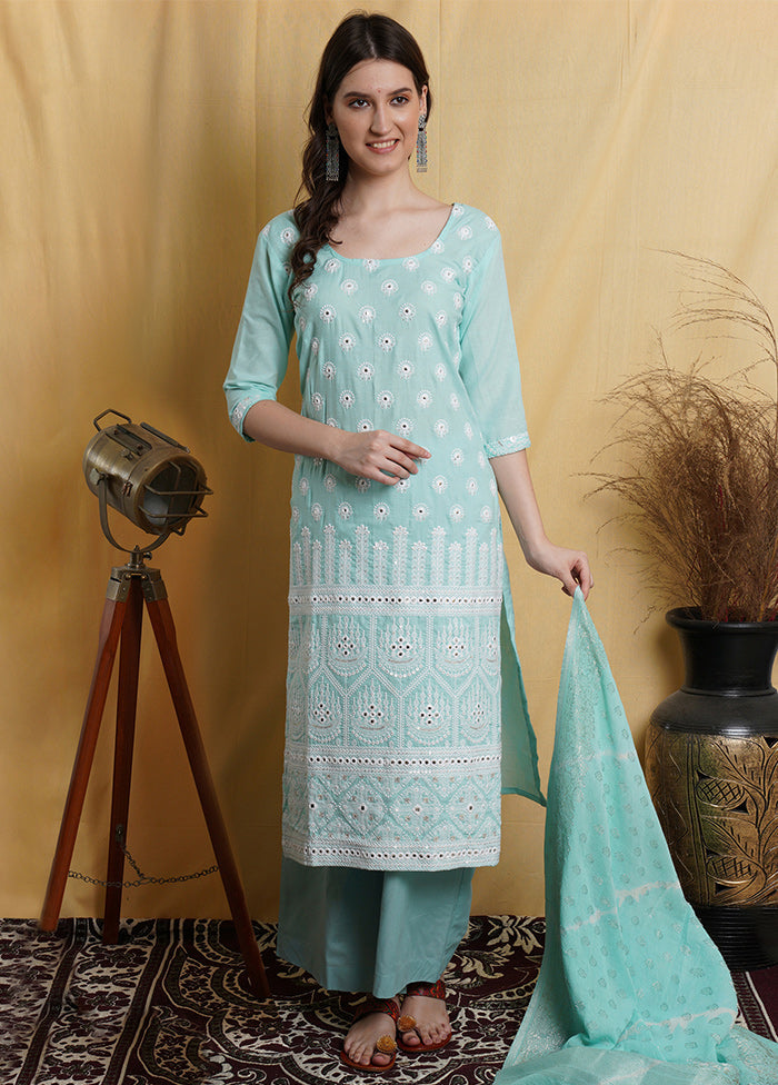 3 Pc Aqua Green Unstitched Suit Set With Dupatta