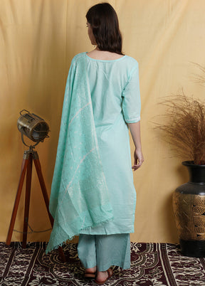 3 Pc Aqua Green Unstitched Suit Set With Dupatta