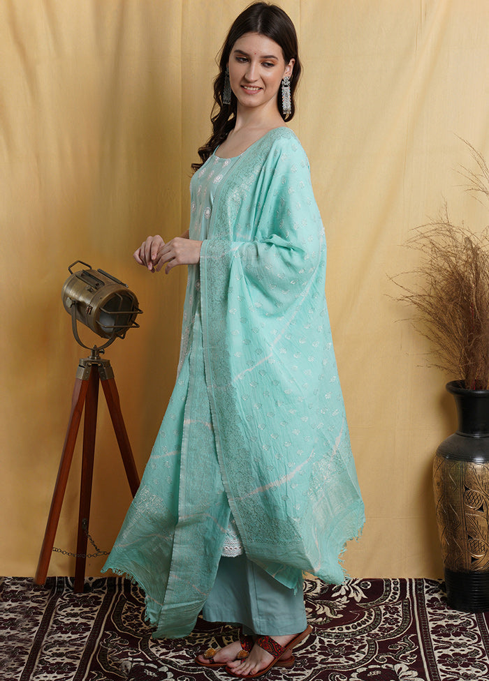 3 Pc Aqua Green Unstitched Suit Set With Dupatta