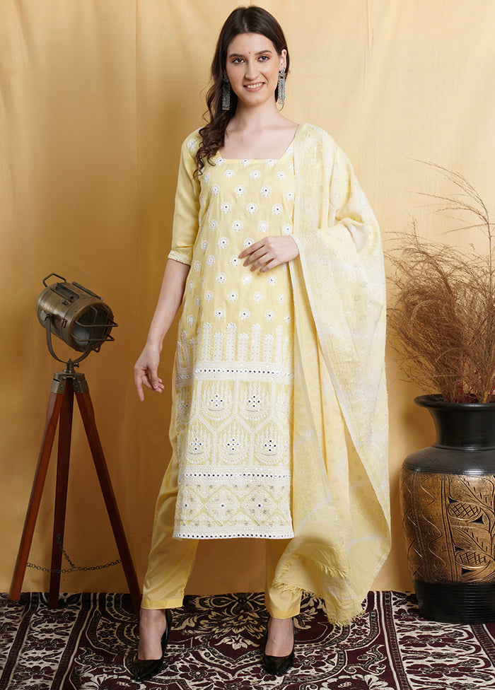 3 Pc Light Yellow Unstitched Suit Set With Dupatta