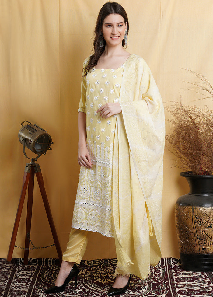 3 Pc Light Yellow Unstitched Suit Set With Dupatta