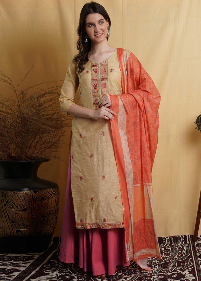 3 Pc Beige Unstitched Suit Set With Dupatta