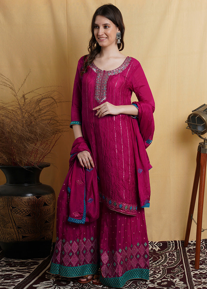 3 Pc Magenta Chiffon Unstitched Suit Set With Dupatta