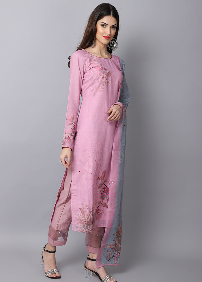 3 Pc Pink Unstitched Suit Set With Dupatta