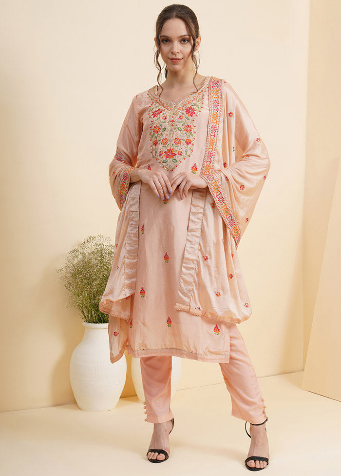 3 Pc Peach Unstitched Silk Suit Set With Dupatta