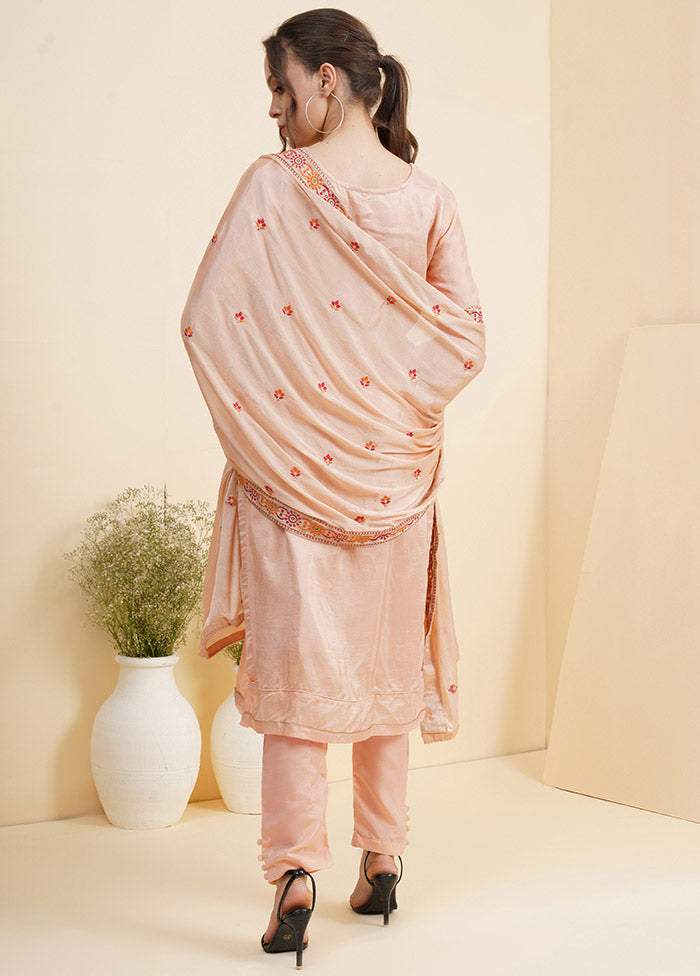 3 Pc Peach Unstitched Silk Suit Set With Dupatta