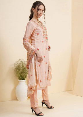 3 Pc Peach Unstitched Silk Suit Set With Dupatta