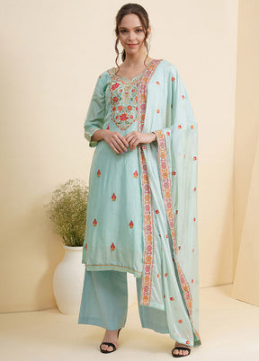 3 Pc Blue Unstitched Silk Suit Set With Dupatta