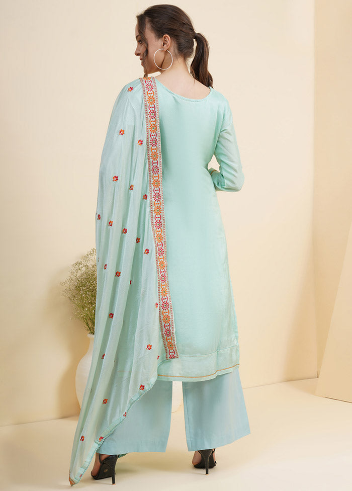 3 Pc Blue Unstitched Silk Suit Set With Dupatta