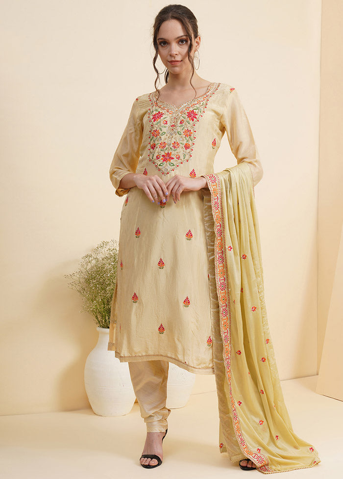 3 Pc Yellow Unstitched Silk Suit Set With Dupatta