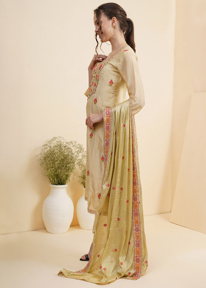 3 Pc Yellow Unstitched Silk Suit Set With Dupatta