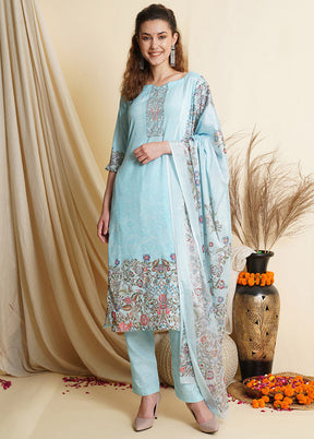 3 Pc Sky Blue Unstitched Silk Suit Set With Dupatta