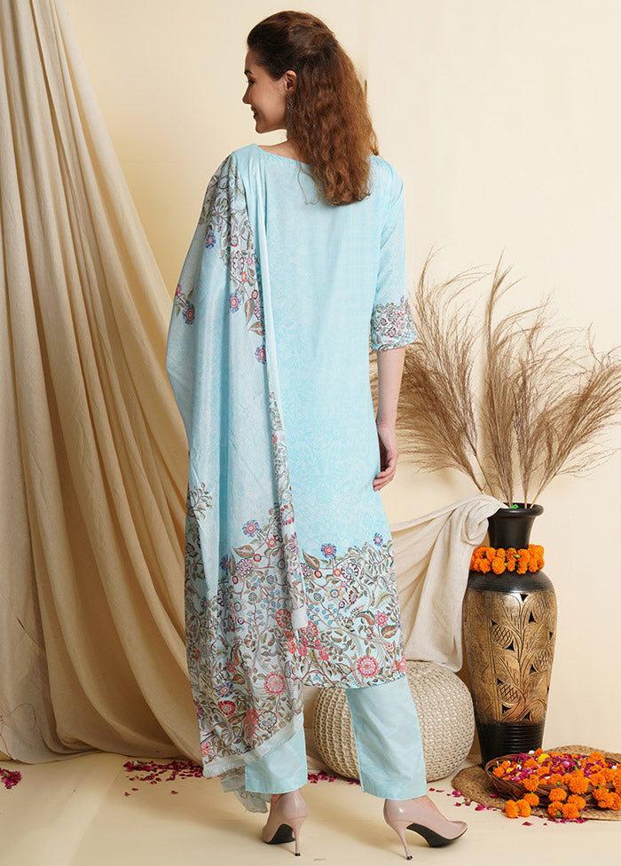 3 Pc Sky Blue Unstitched Silk Suit Set With Dupatta
